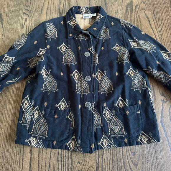 Chicos Design Vintage Womens Aztec Linen Look Black Shacket Size Medium/1/8 - Picture 7 of 9